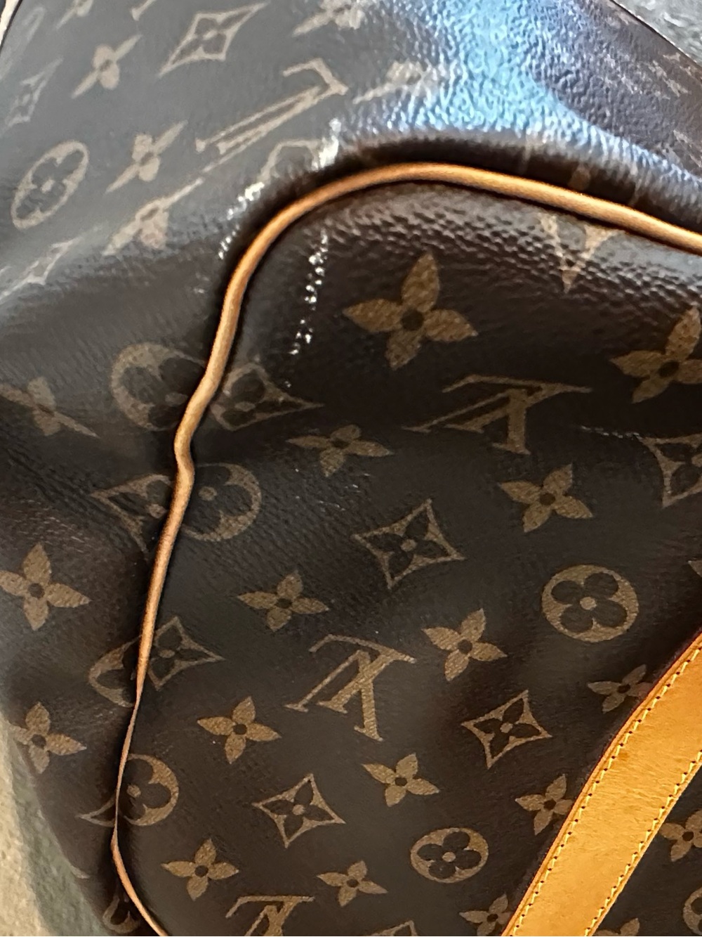 Authentic Louis Vuitton Brown Monogram Duffel with Tan Leather Trims size 55 - Picture 9 of 16